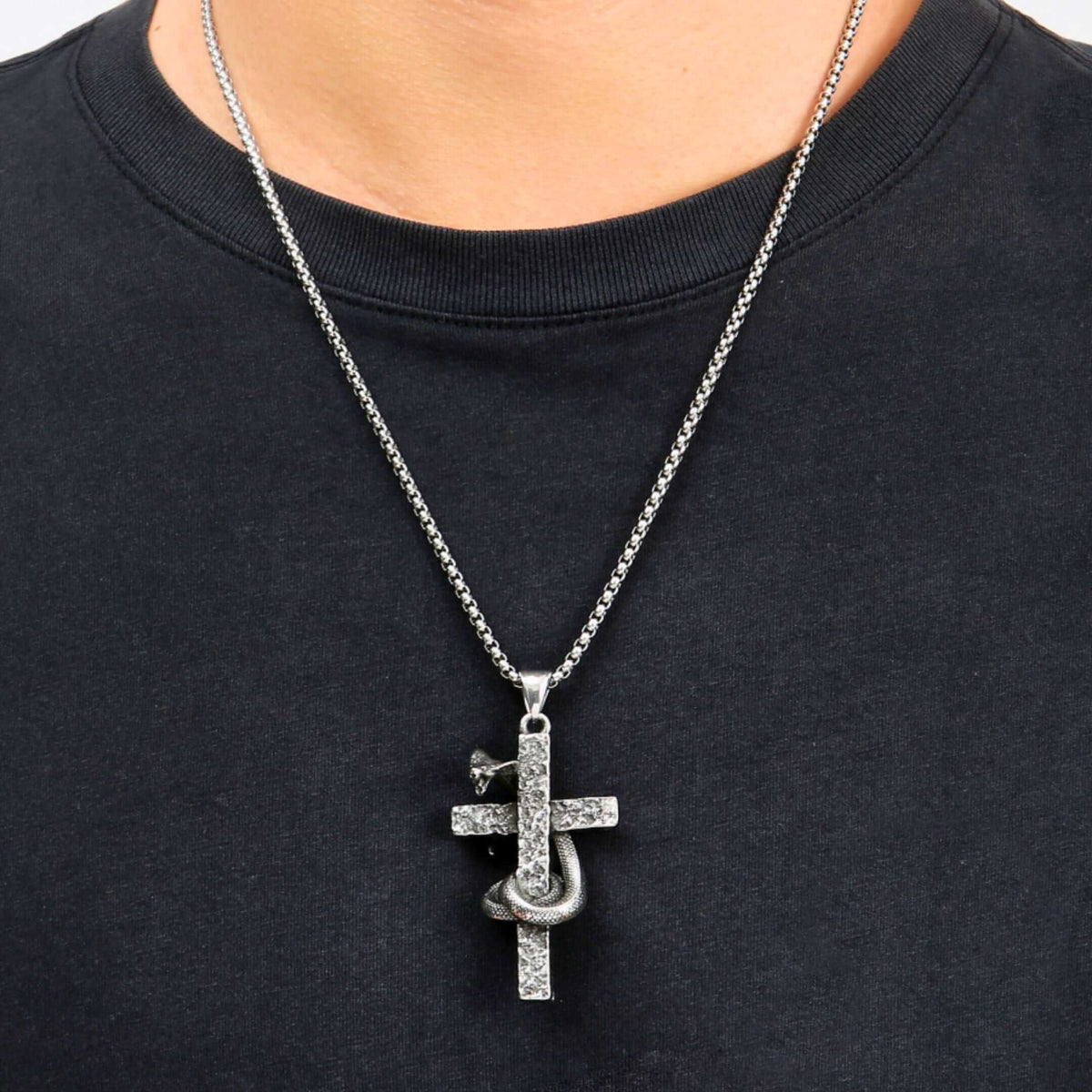 SNAKE WRAPPED CROSS - 30mm Titanium Steel Pendant with 28inch Round Box 4mm Chain for Men & Boys — SS Pendant/ Necklace for Men | THE MEN THING