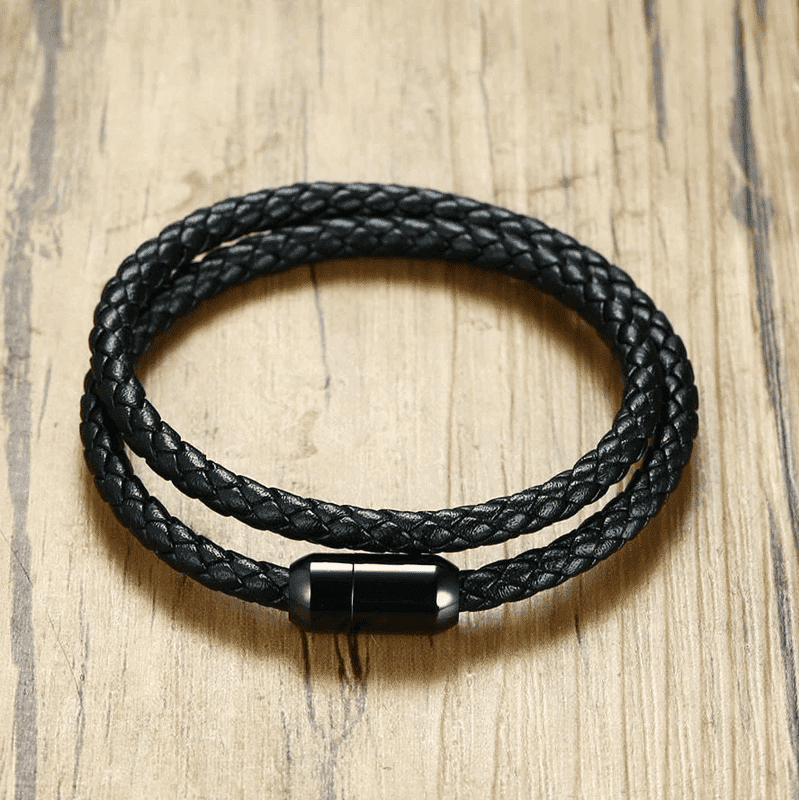 STARRY TWINE BLACK - American Style Genuine Braided Leather Bracelet with Stainless Steel Clasp Magnetic Buckle for Men & Boy (8 inch) - THE MEN THING