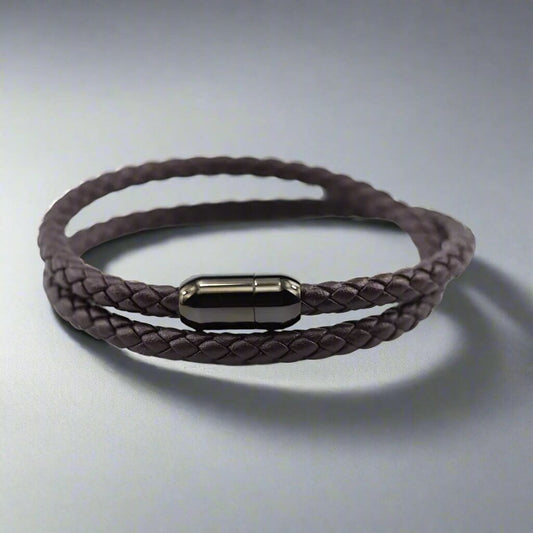 STARRY TWINE BROWN - American Style Genuine Braided Leather Bracelet with Stainless Steel Clasp Magnetic Buckle for Men & Boy (8 inch) - THE MEN THING