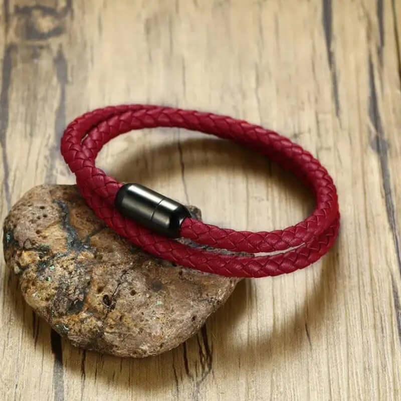 STARRY TWINE RED - American Style Genuine Braided Leather Bracelet with Stainless Steel Clasp Magnetic Buckle for Men & Boy (8 inch) - THE MEN THING