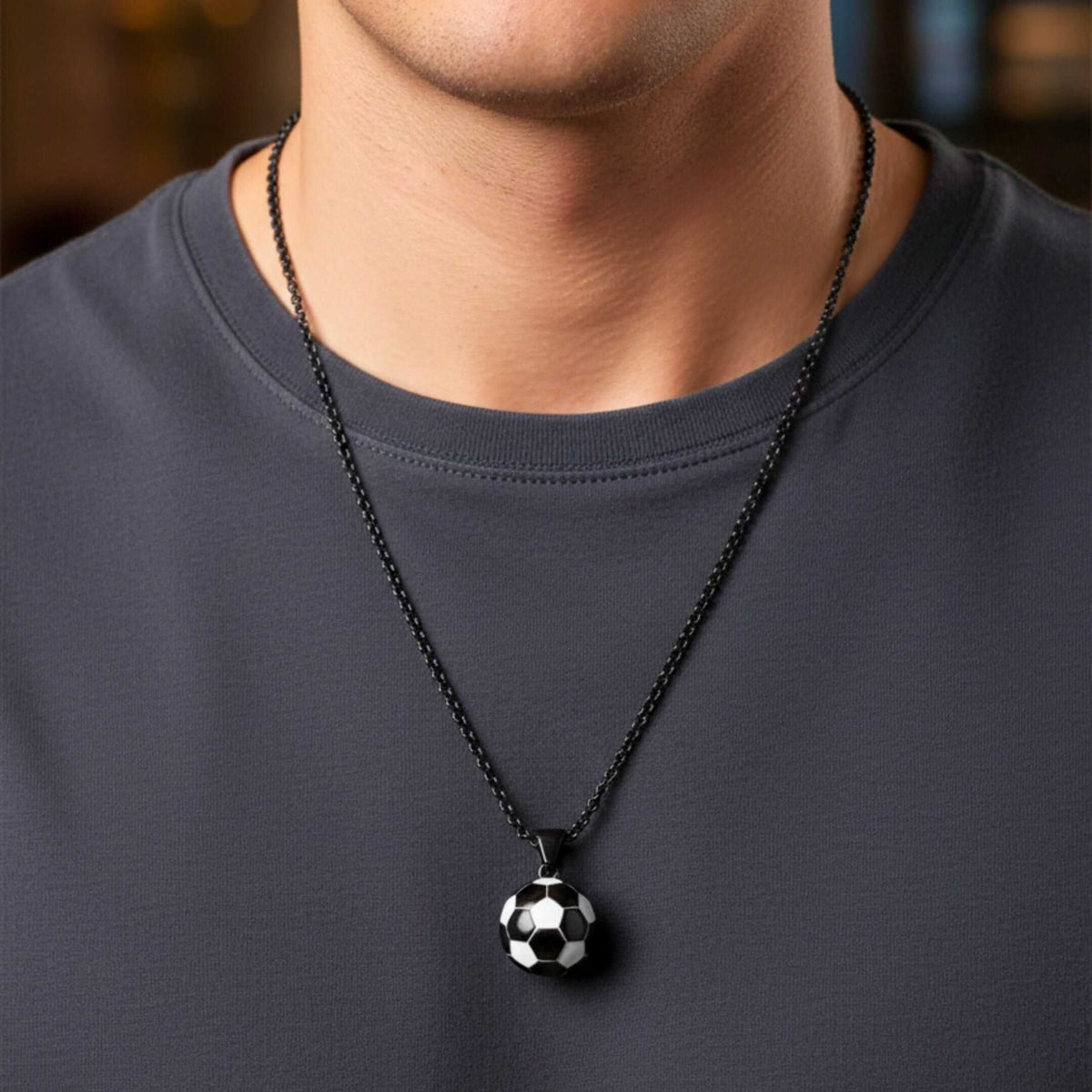 STRIKER SOCCER BALL - Black - White 20mm Pure Titanium Steel Pendant with 22inch Round Rolo 4mm Chain for Men & Boys — SS Pendant/ Necklace for Men | THE MEN THING
