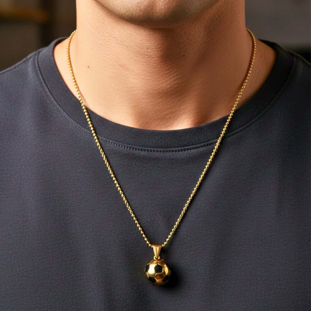 STRIKER SOCCER BALL - Golden - Black 20mm Pure Titanium Steel Pendant with 22inch Round Rolo 4mm Chain for Men & Boys — SS Pendant/ Necklace for Men | THE MEN THING