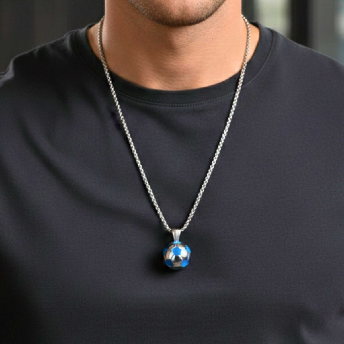STRIKER SOCCER BALL - Steel - Blue 20mm Pure Titanium Steel Pendant with 22inch Round Rolo 4mm Chain for Men & Boys — SS Pendant/ Necklace for Men | THE MEN THING
