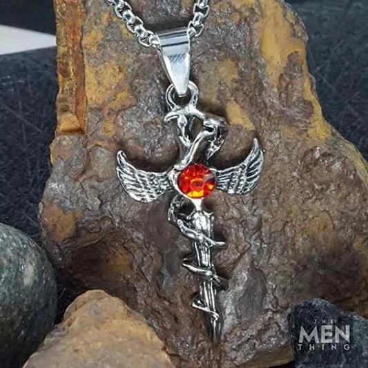SWORD OF ANGLE (RED STONE) - Alloy Pendant with Pure Stainless Steel 24inch Round Box Chain, European trending Style for Men & Boys — SS Pendant/ Necklace for Men | THE MEN THING