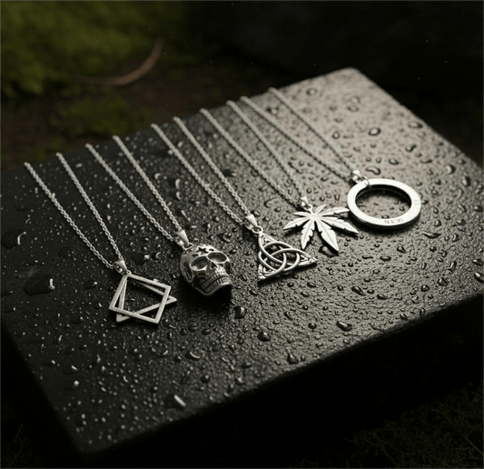 SYMBOLIC ARCANUM High Contrast 5-Piece Men’s Pendant Set – HELIX, SKULL STAR, LEAFEN, VICTORIOUS, & LUCKY KNOT Necklaces on 24 Inch Stainless Steel Chain for Mens and Boys - THE MEN THING