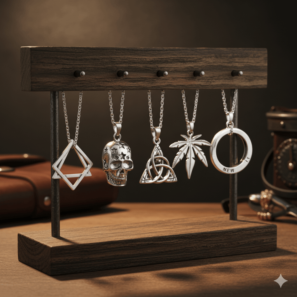 SYMBOLIC ARCANUM High Contrast 5-Piece Men’s Pendant Set – HELIX, SKULL STAR, LEAFEN, VICTORIOUS, & LUCKY KNOT Necklaces on 24 Inch Stainless Steel Chain for Mens and Boys — Necklace for Men | THE MEN THING