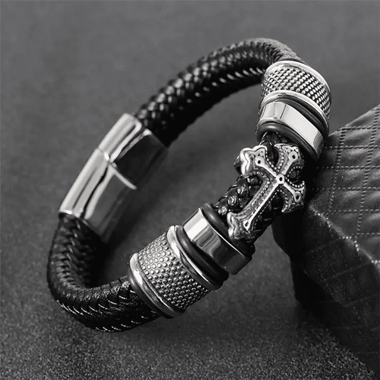 TEMPLAR CROSS BLACK - Genuine Leather Braided Bracelet with Stainless Steel Magnetic Buckle for Men & Boys (8 inch) - THE MEN THING