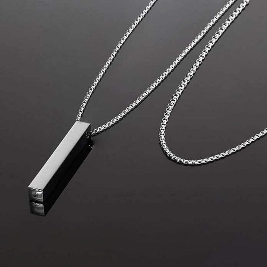 ENGRAVED - THE ULTRA SLEEK (T) - Pure Titanium Steel Ultra Polished 3D Silver Cuboid Vertical Bar Pendant with 24inch Round Box Chain for Men & Boys — SS Pendant/ Necklace for Men | THE MEN THING