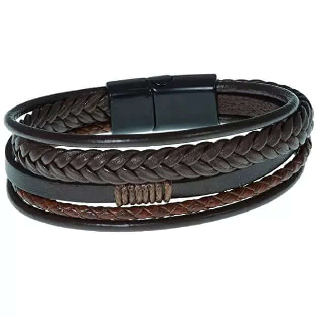 TIERED TREASURE BROWN - Leather Bracelet for Men - American Style Genuine Leather Multi-Layer Braided Bracelet with Stainless Steel Magnetic Buckle for Men & Boys - THE MEN THING
