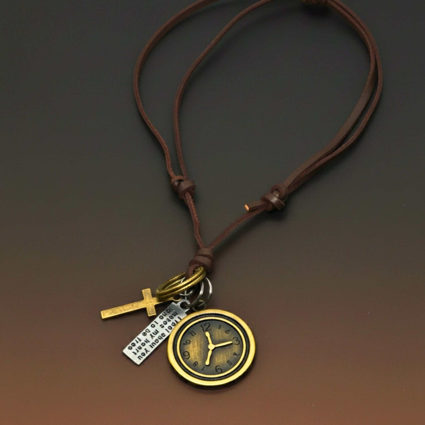 TIMELOCK – 1.2-Inch Pure Stainless Steel Pendant with Adjustable Brown Leather Rope for Men & Boys — Leather Necklace for Men | THE MEN THING