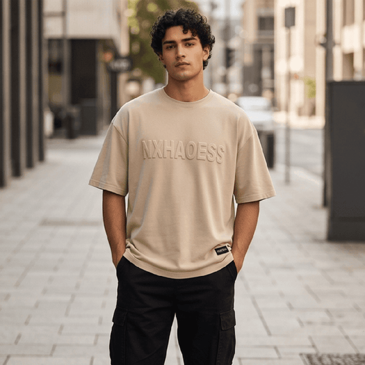 TONAL EMBOSSED Oversized T-Shirt - Beige - THE MEN THING