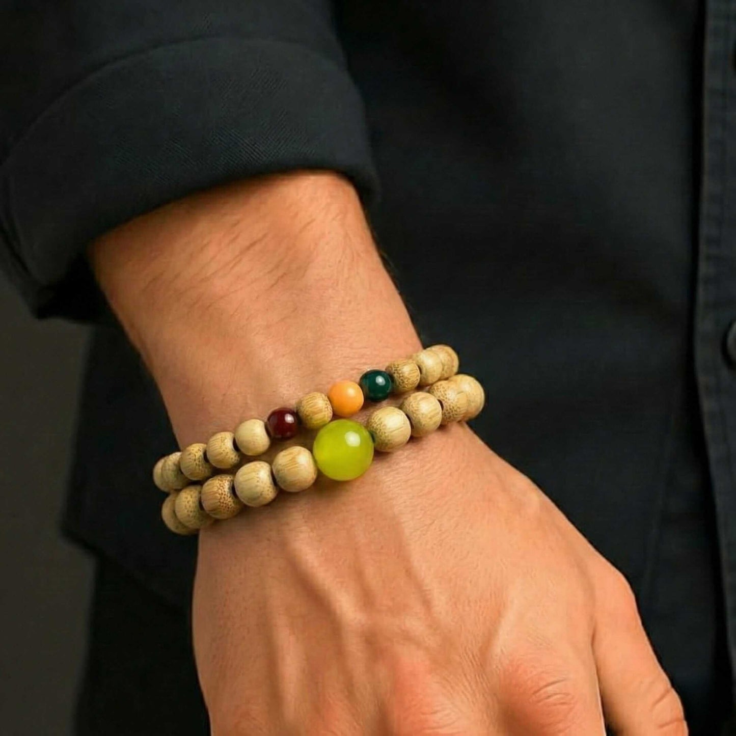 TRANQUIL AURA - 10mm Wooden Beads Bracelet with Natural Stone - Adjustable Bracelet — Bead Bracelet for Men | THE MEN THING