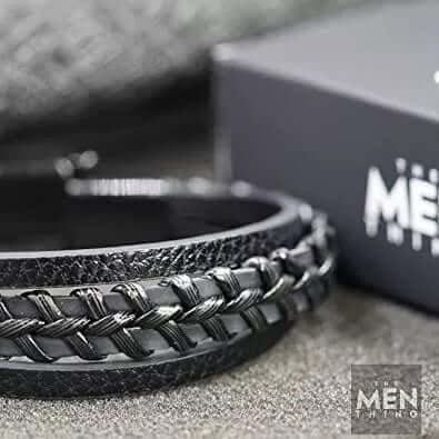 TRI-PLY - European Style Genuine Leather Bracelet with Multi-Layer Braided, 100% Stainless Steel Magnetic Buckle for Men & Boys (8.5inch) - THE MEN THING