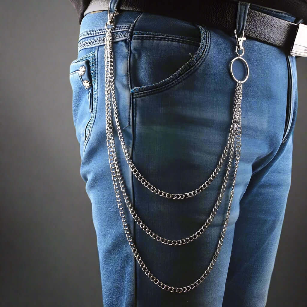 TRIADIC LINK CHAIN SILVER - 3pcs Alloy Multi-Layer Heavy Punk Biker Chain for Jeans with Lobster Clasps for Men & Boys - 39 inch — Biker Fashion for Men | THE MEN THING