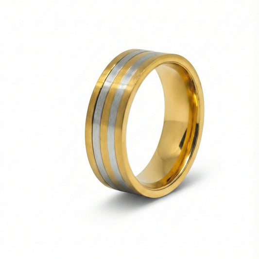 TRIPLE STRIPE - Pure Stainless Steel Men’s Steel-Gold Plated Ring (Size : 17-22-27) — Rings for Men | THE MEN THING