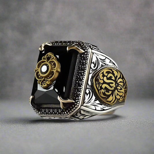 TURKISH SIGNET - Vintage Ethnic Hand-carved Black Onyx Titanium Steel Rings for Men and Boys (Size : 21) - THE MEN THING