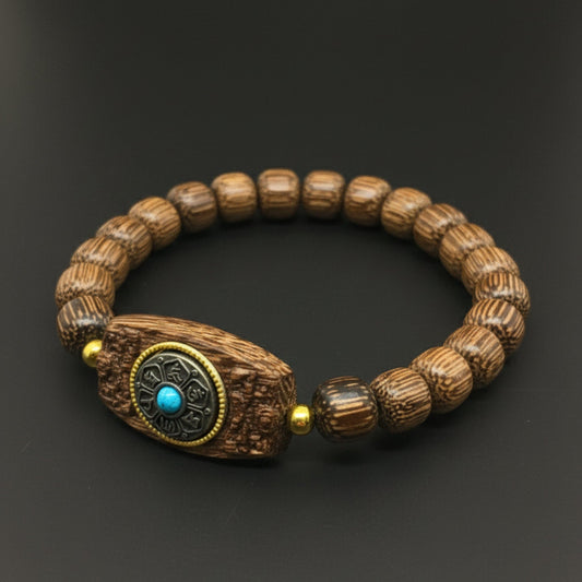 TURQUOISE AMULET - 10mm Wooden Beads Bracelet with Natural Stone - Adjustable Bracelet - THE MEN THING