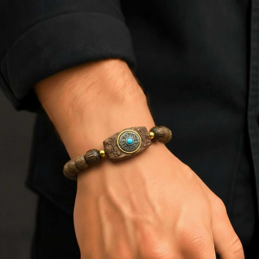 TURQUOISE AMULET - 10mm Wooden Beads Bracelet with Natural Stone - Adjustable Bracelet — Bead Bracelet for Men | THE MEN THING