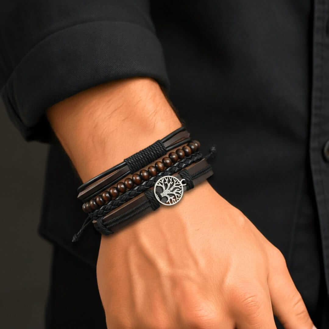 TWILIGHT LIFETREE - 4 Pcs Genuine Leather Adjustable Bracelet Set for Men & Boys (8 inch) — Leather Bracelet for Men | THE MEN THING