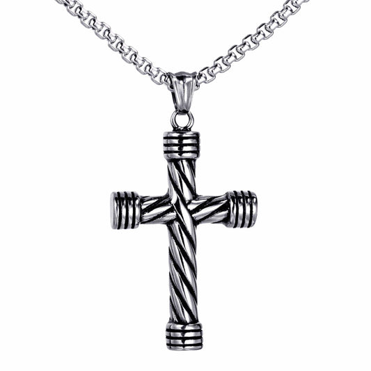 TWISTED GROOVE CROSS - 32mm Pure Titanium Steel Pendant with 27inch Round Box 4mm Chain for Men & Boys - THE MEN THING