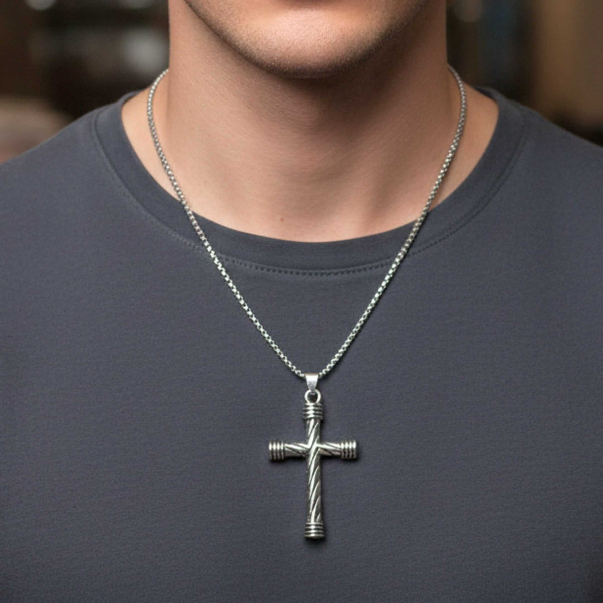TWISTED GROOVE CROSS - 32mm Pure Titanium Steel Pendant with 27inch Round Box 4mm Chain for Men & Boys — SS Pendant/ Necklace for Men | THE MEN THING