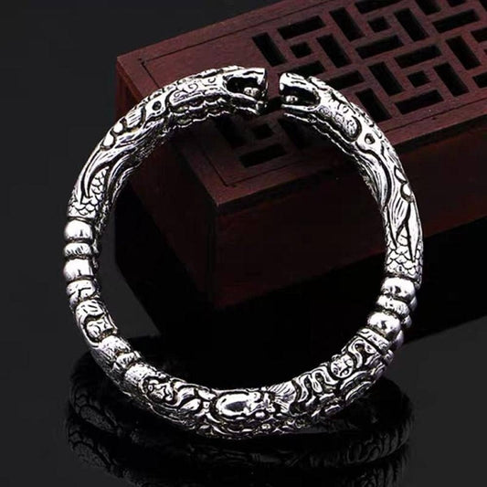 TWO HEADED DRAGON - "7" mm Pure Alloy Silver Cuff Adjustable Bracelet for Men & Boy - THE MEN THING