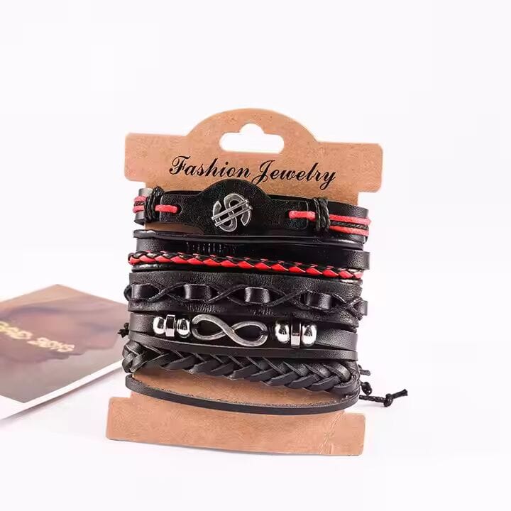 URBAN DOLLAR - 5 Pcs Genuine Braided Leather Bracelet Set for Men & Boys (8 inch) - THE MEN THING