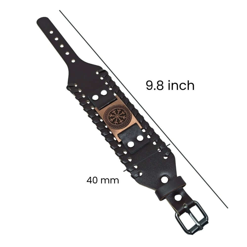 VEGVISIR WARRIOR BROWN - "40"mm Wide Genuine Leather Adjustable Cuff Bracelet with Stainless Steel Hook for Men & Boys — Leather Bracelet for Men | THE MEN THING
