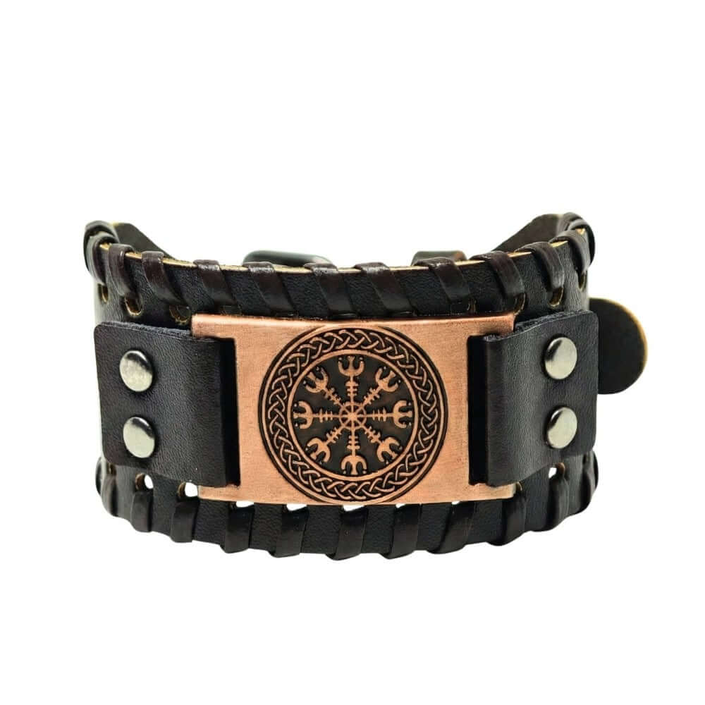 VEGVISIR WARRIOR BROWN - "40"mm Wide Genuine Leather Adjustable Cuff Bracelet with Stainless Steel Hook for Men & Boys — Leather Bracelet for Men | THE MEN THING