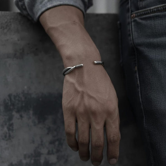 VERVE TWISTED - Open Bangle Bracelet (Adjustable) - 12mm Stainless Steel for Men & Boys - THE MEN THING
