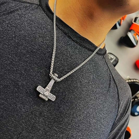 VIKING NORDIC HAMMER SILVER - Pure Titanium Steel Necklace with 24 inch Chain for Men & Boys - THE MEN THING