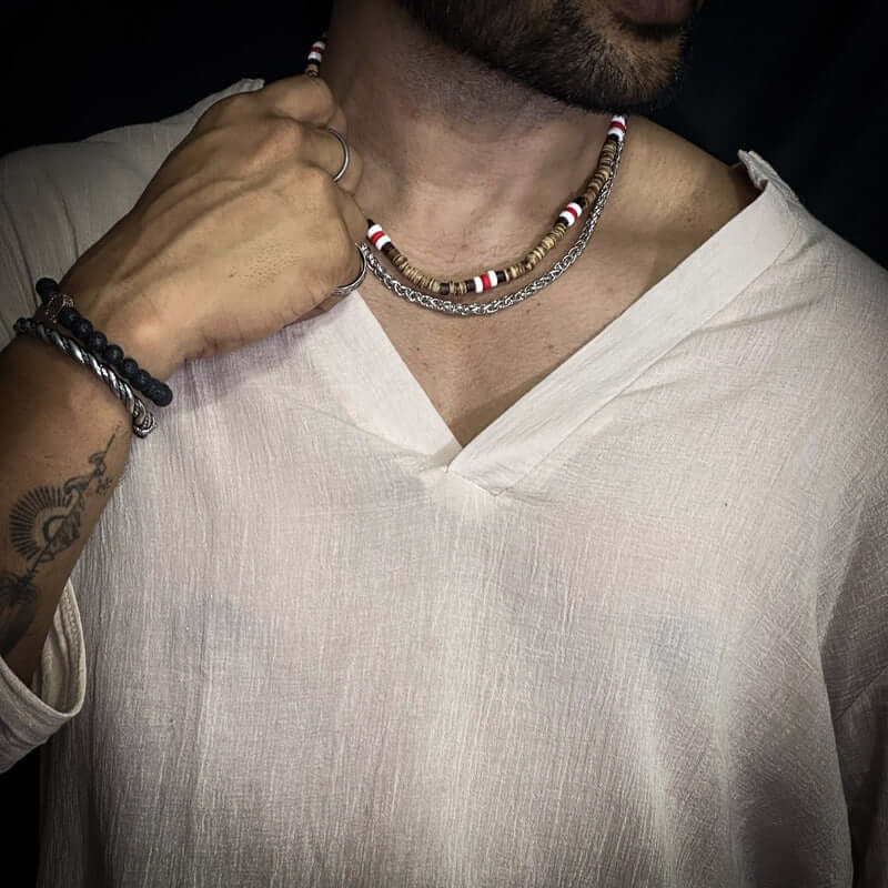 WENGE WOOD MULTI-LAYERED - Natural Wood Beaded Necklace with Twisted Steel Link Chain for Mens & Boys (22 and 24 inch with adjustable cable chain) - THE MEN THING