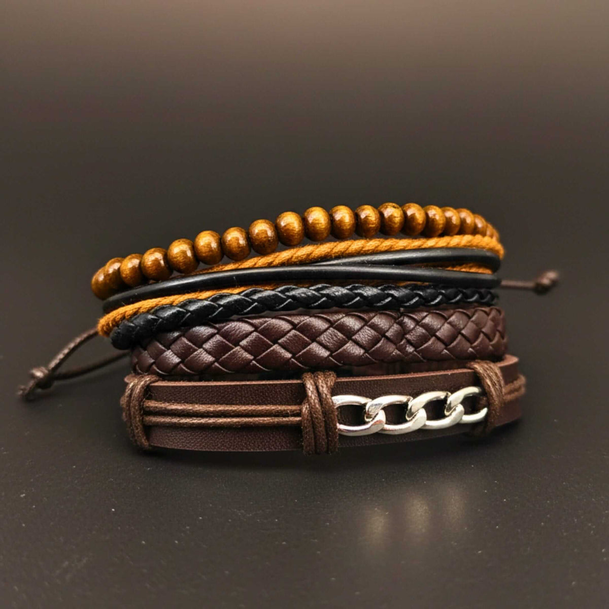 WILDWOOD CHAINSTACK - 4 Pcs Genuine Leather Adjustable Bracelet Set for Men & Boys (8 inch) — Leather Bracelet for Men | THE MEN THING