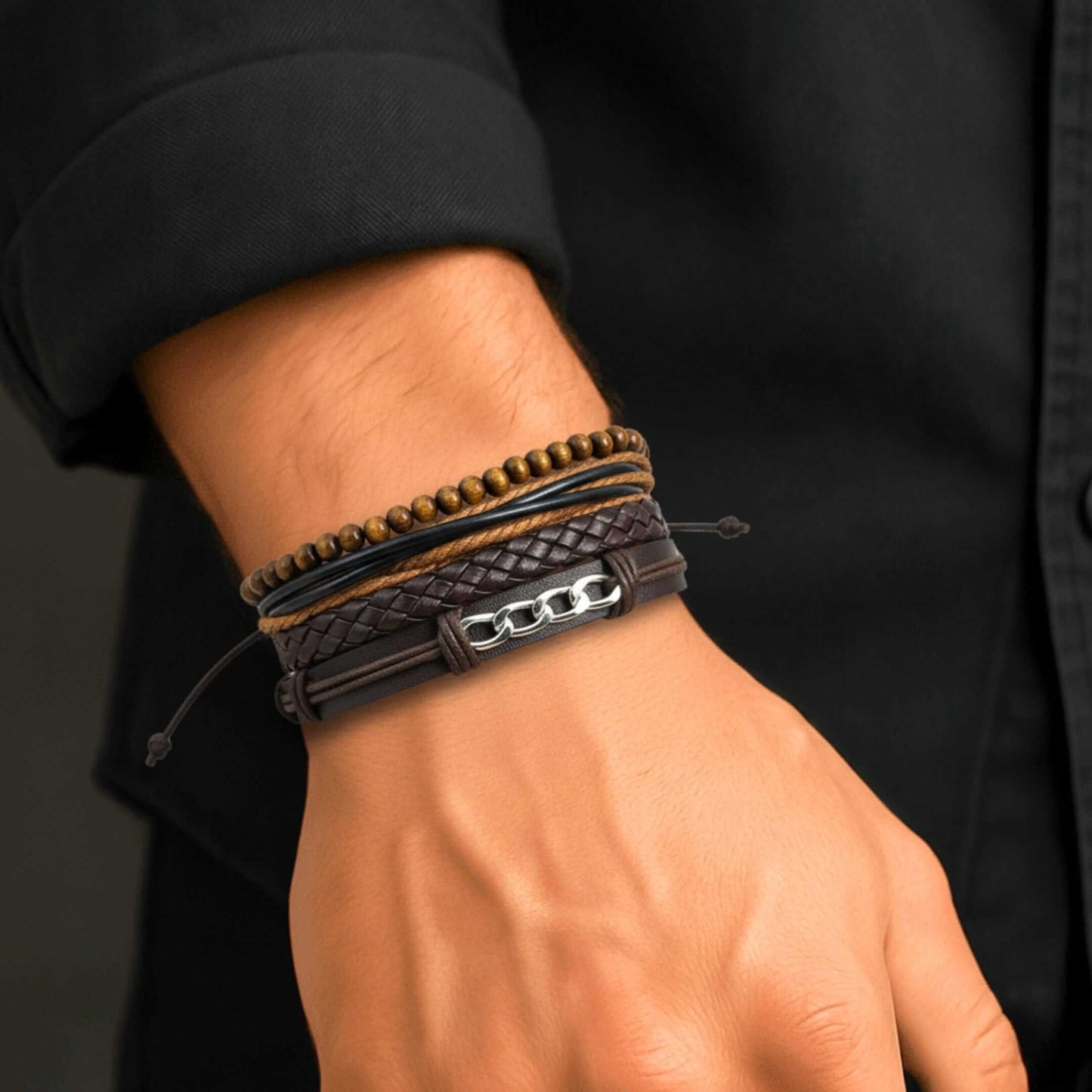 WILDWOOD CHAINSTACK - 4 Pcs Genuine Leather Adjustable Bracelet Set for Men & Boys (8 inch) — Leather Bracelet for Men | THE MEN THING