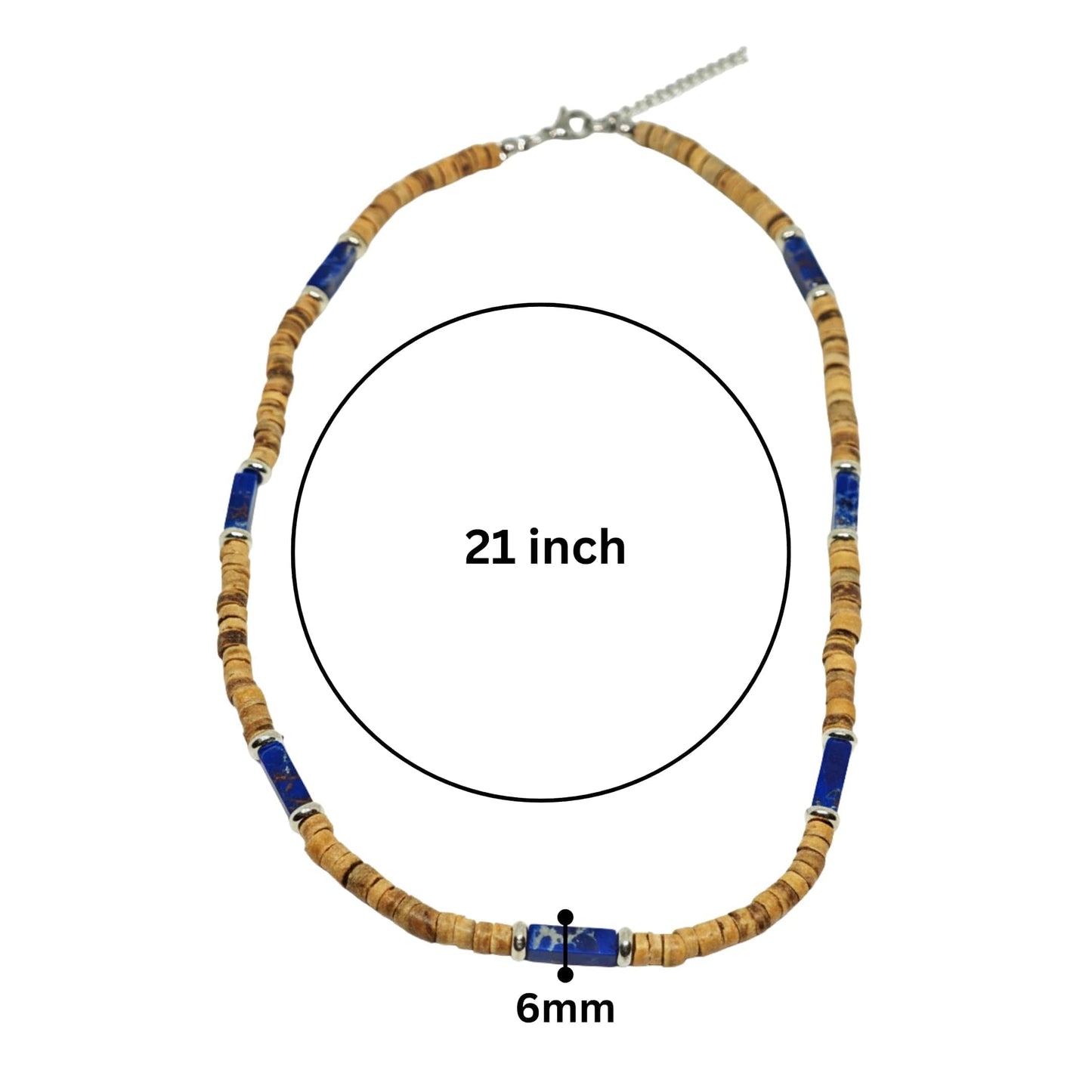 WILDWOOD TRIBAL - Blue 6 mm Beaded Necklace for Men and Boys (21 inches with adjustable silver cable chain) - THE MEN THING