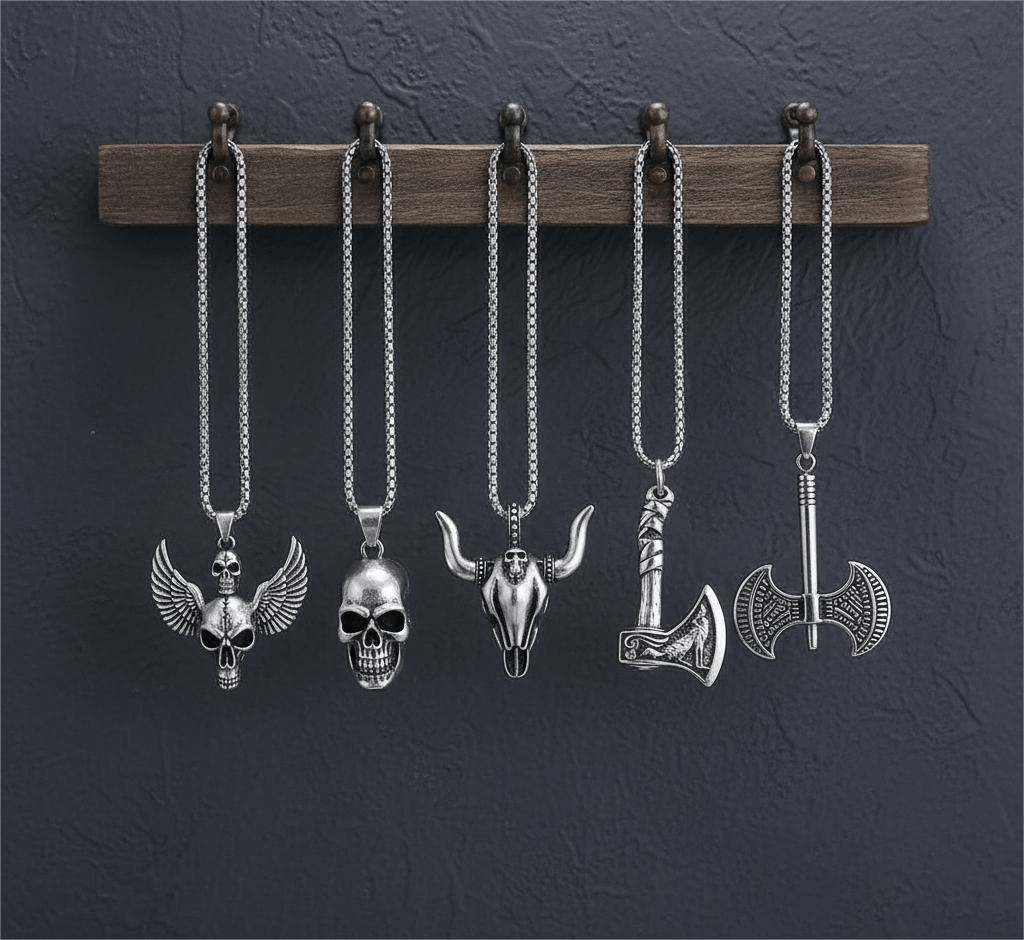 Warrior's Forge 5-Piece Pendant Set – Featuring Big Skull, Angle Skull, Bull Head, Foxy Axe and Twin Sharp Axe Necklaces With 24 Inch Stainless Steel Chain for Mens and Boys — Necklace for Men | THE MEN THING