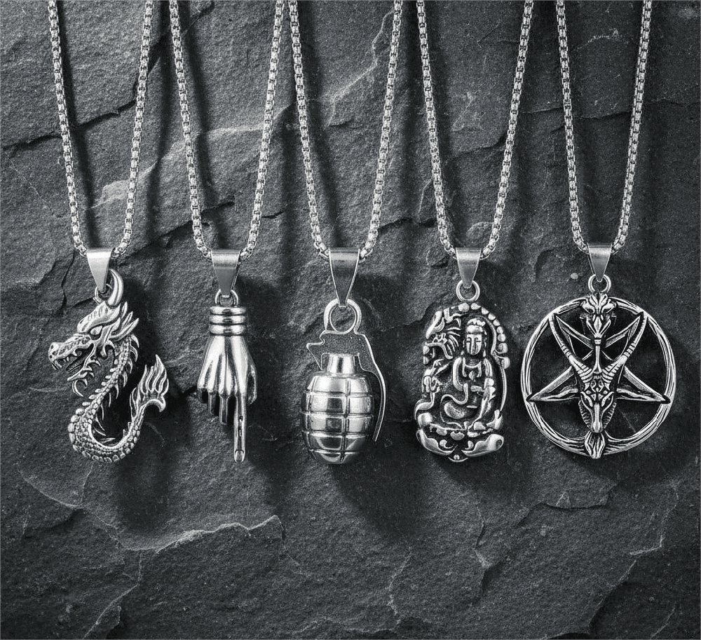 Wild Card 5-Piece Pendant Pack – Dragon Fire, Stellar Goat, Grenade, Gesture, & Roaring Peace Necklaces With 24 Inch Stainless Steel Chain for Men & Boys — Necklace for Men | THE MEN THING