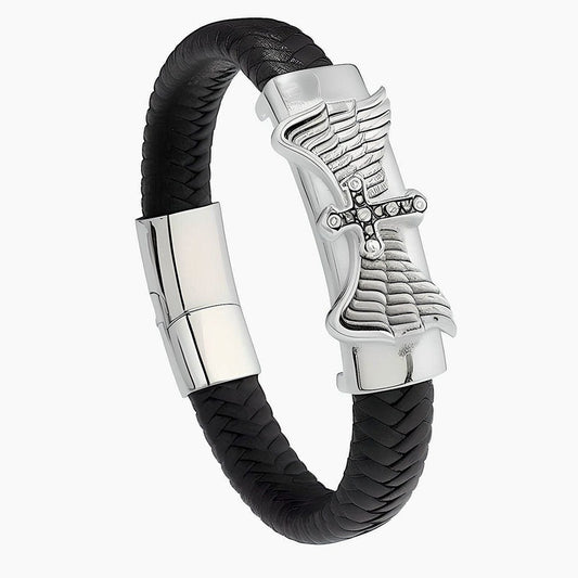 SKYWARD GRACE BLACK - Genuine Leather Braided Bracelet with Stainless Steel Magnetic Buckle for Men & Boys (8 inch)