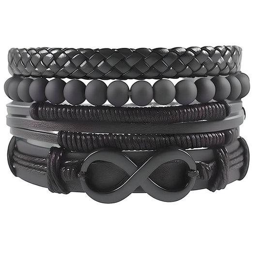 QUADRA-FUSION INFINITY BLACK -  Leather Bracelet for Men - 4Pcs Black Genuine Braided Leather Bracelet Set, Tribal Woven Ethnic Wrap Infinity Bracelet for Men & Boys (8inch)