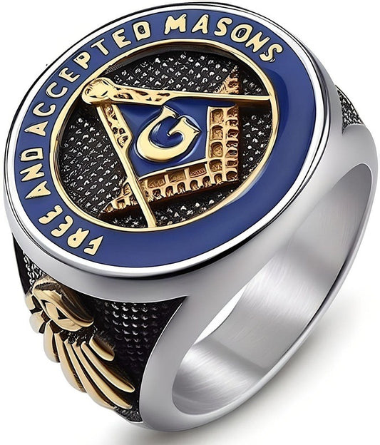 MASONIC SIGNET - Pure Titanium Rings For Men, Luxury Style, Blue Gold Tone (Size : 17-21- 24)