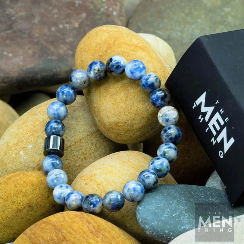 THE MEN THING Bead Bracelet AZURITE BLUE LAGOON - Beads Bracelet with Natural Stone - 7 inch Stretch Bracelet
