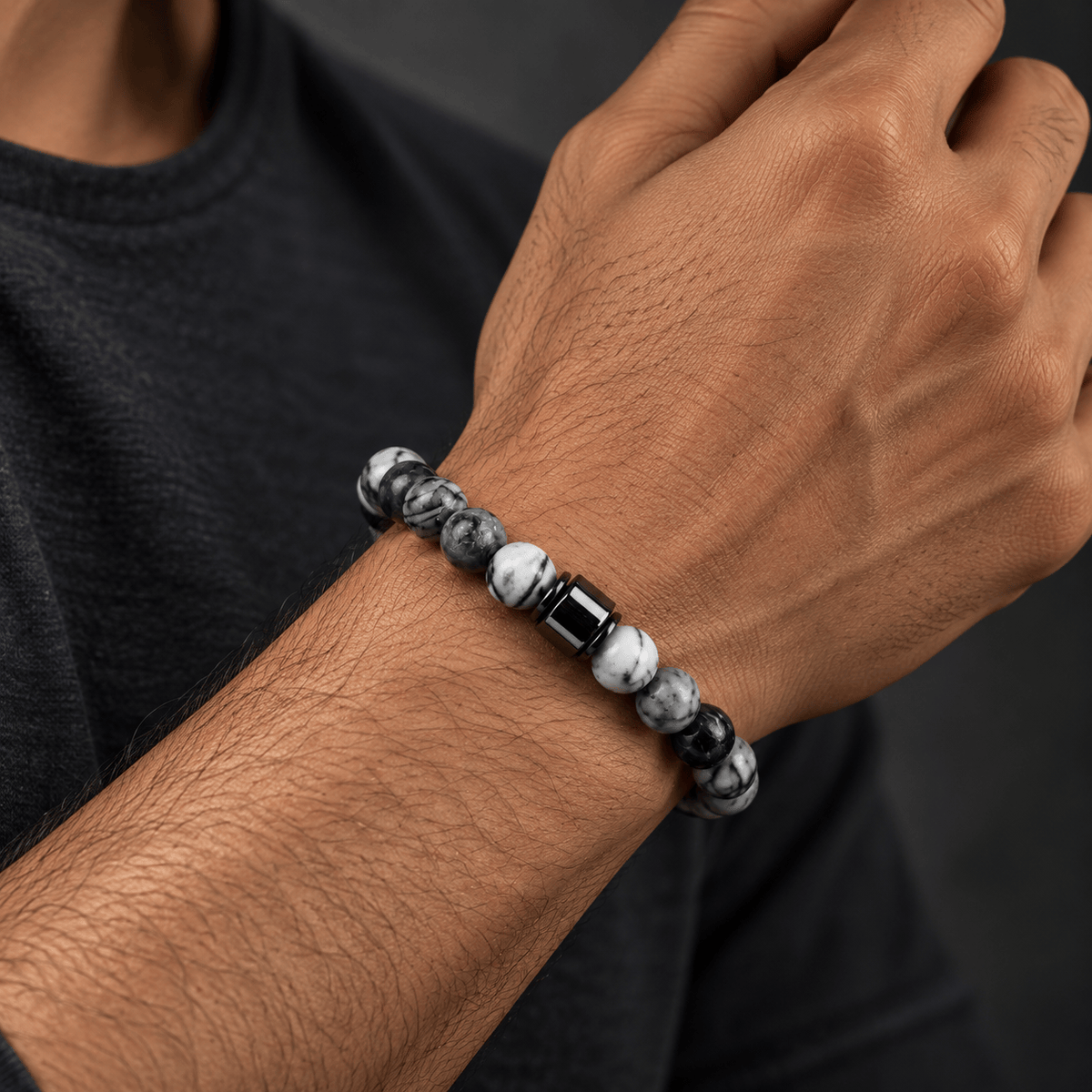 THE MEN THING Bead Bracelet AZURITE GREY JASPER - Beads Bracelet with Natural Stone - 7 inch Stretch Bracelet