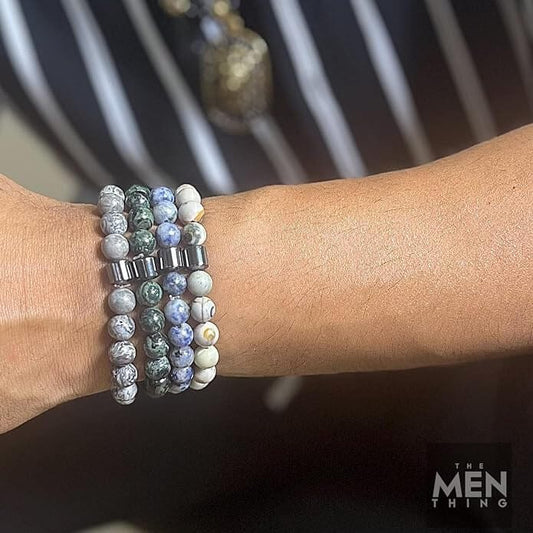 THE MEN THING Bead Bracelet AZURITE MOON SURFACE - Beads Bracelet with Natural Stone - 7 inch Stretch Bracelet