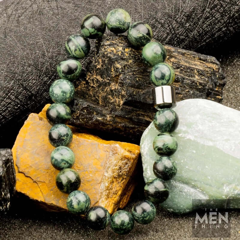 THE MEN THING Bead Bracelet AZURITE MOSS - Beads Bracelet with Natural Stone - 7 inch Stretch Bracelet