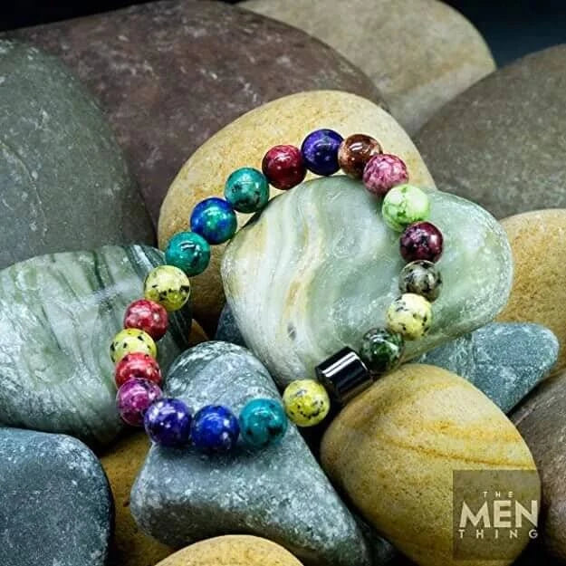THE MEN THING Bead Bracelet AZURITE NORTHERN LIGHT - Beads Bracelet with Natural Stone - 7 inch Stretch Bracelet
