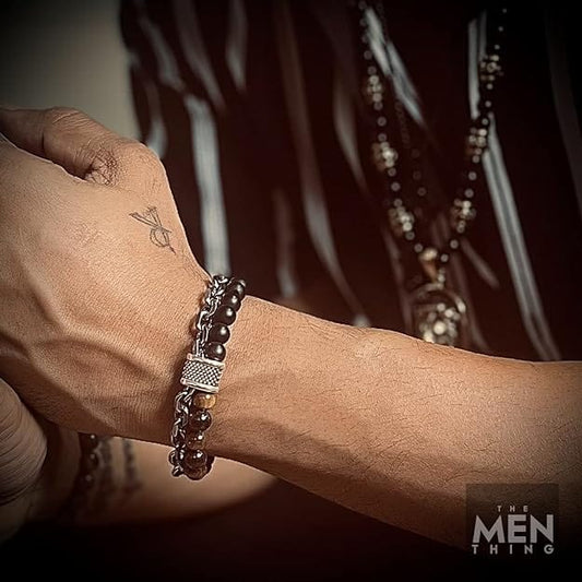 THE MEN THING Bead Bracelet BEADFUSION BROWN - Natural Beads Bracelet for Men - Become Money Magnet - Black Tiger Eye Stone Colorful 7 Chakra Energy Stretch Bracelet (8inch)