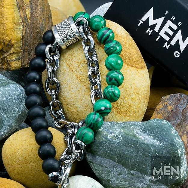 THE MEN THING Bead Bracelet BEADFUSION GREEN- Natural Beads Bracele - Become Money Magnet - Malachite Natural Stone Colorful 7 Chakra Energy Stretch Bracelet (8inch)