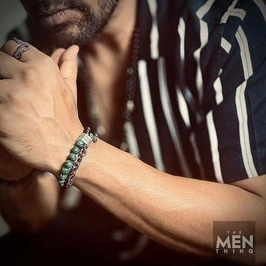 THE MEN THING Bead Bracelet BEADFUSION GREEN- Natural Beads Bracele - Become Money Magnet - Malachite Natural Stone Colorful 7 Chakra Energy Stretch Bracelet (8inch)