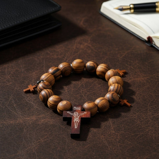 THE MEN THING Bead Bracelet DIVINEWOOD ROSARY - 14mm Wooden Beads Bracelet with Natural Stone - Adjustable Bracelet