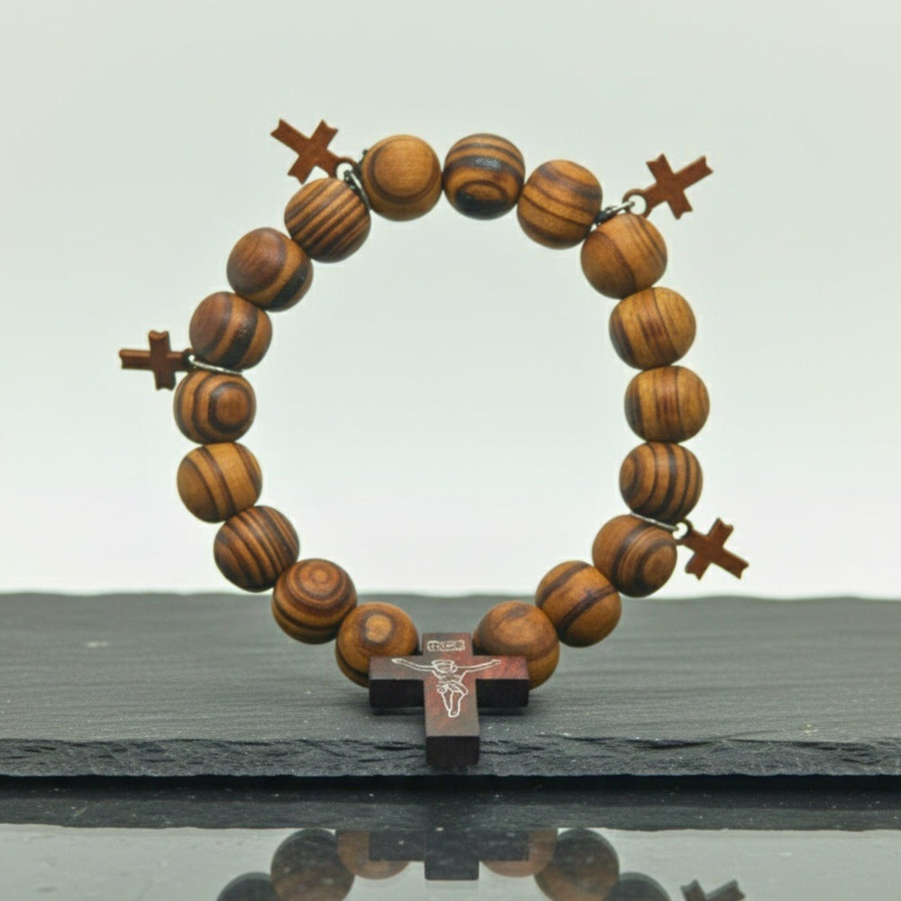 THE MEN THING Bead Bracelet DIVINEWOOD ROSARY - 14mm Wooden Beads Bracelet with Natural Stone - Adjustable Bracelet